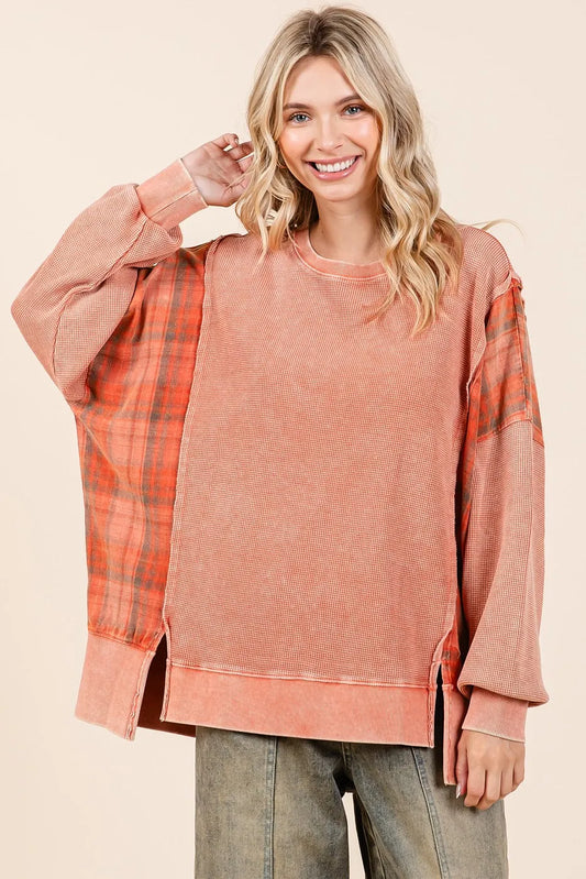 Image of Mittoshop Plaid Panel Mineral Wash French Terry Sweatshirt | Queeble.shop