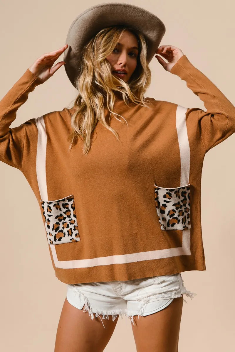 Image of BiBi Mock Neck Sweater with Leopard Pocket | Queeble.shop
