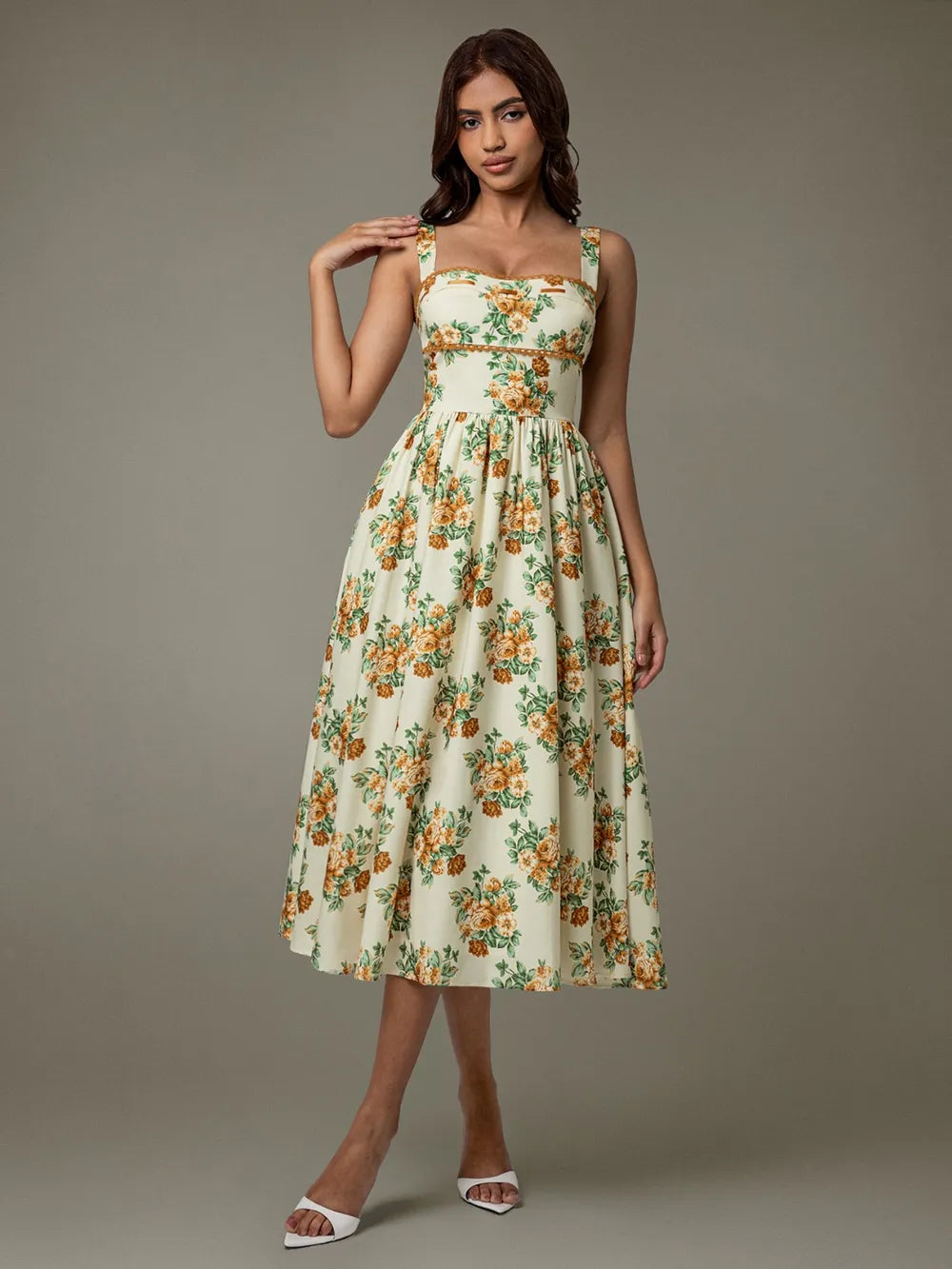 Image of Lace Trim Floral Sleeveless Midi Dress | Queeble.shop