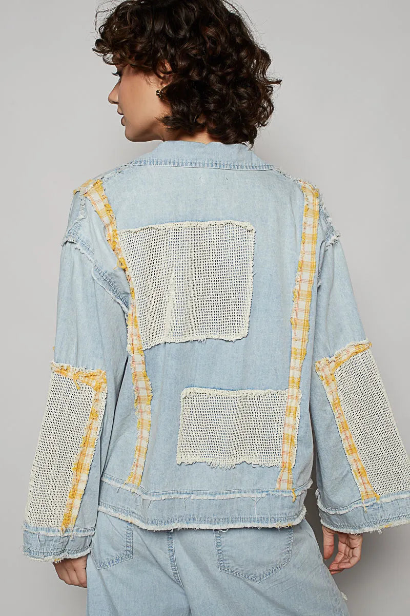 Image of POL Raw Hem Zip Up Denim Jacket with Plaid and Crochet Patch | Queeble.shop