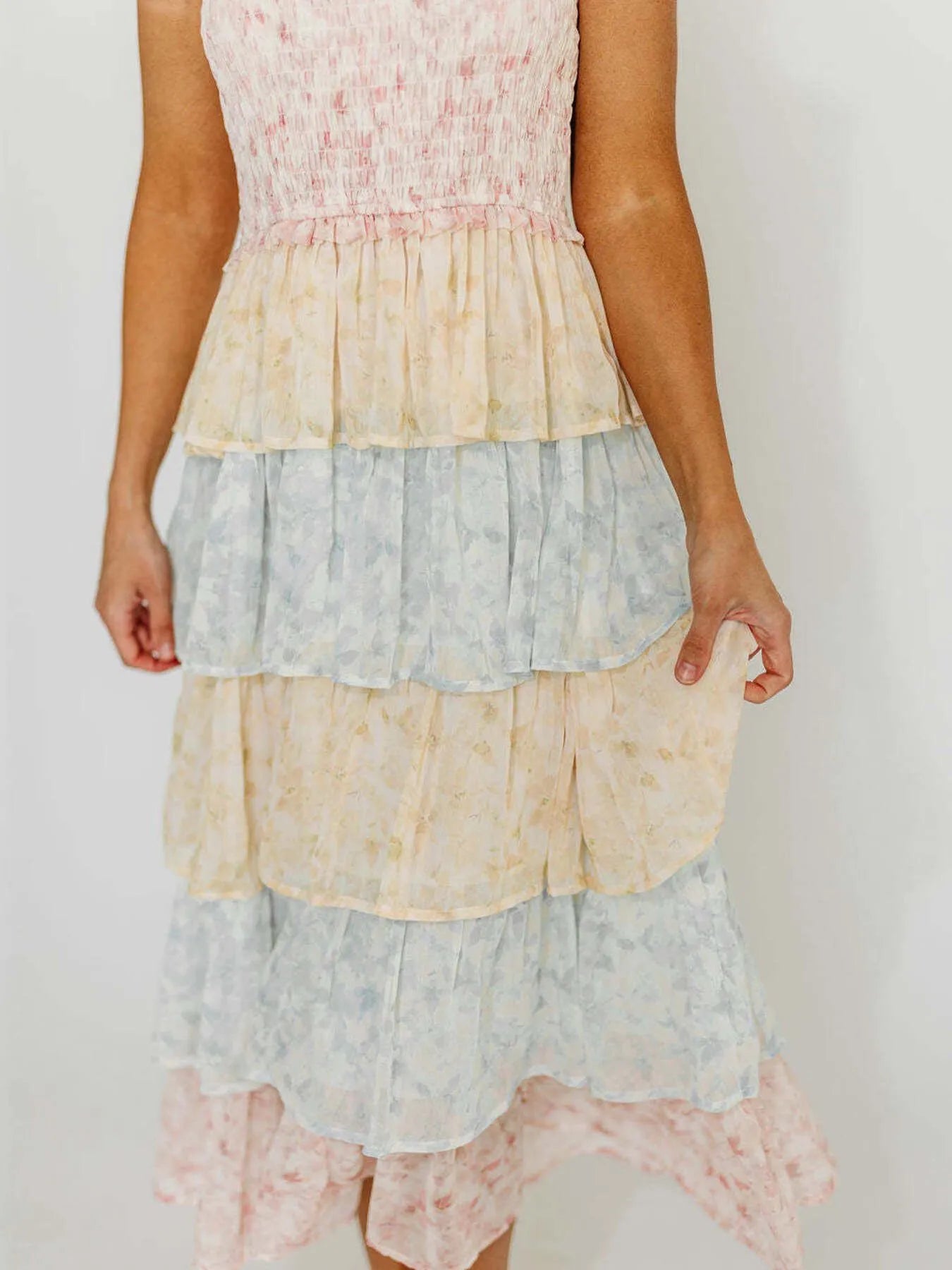Image of Smocked Ruffle Layered Floral Midi Dress | Queeble.shop