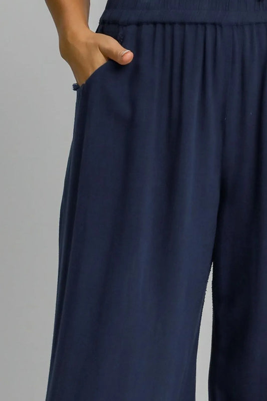 Image of Umgee Full Size Linen Blend Elastic Waistband Wide Leg Pants Plus Size | Queeble.shop