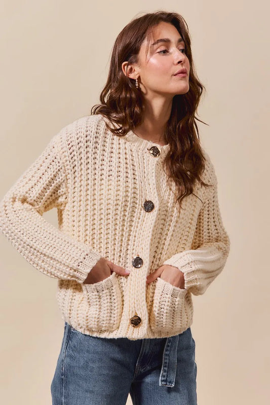 Image of SO ME Metal Button Long Sleeve Chunky Sweater Cardigan | Queeble.shop