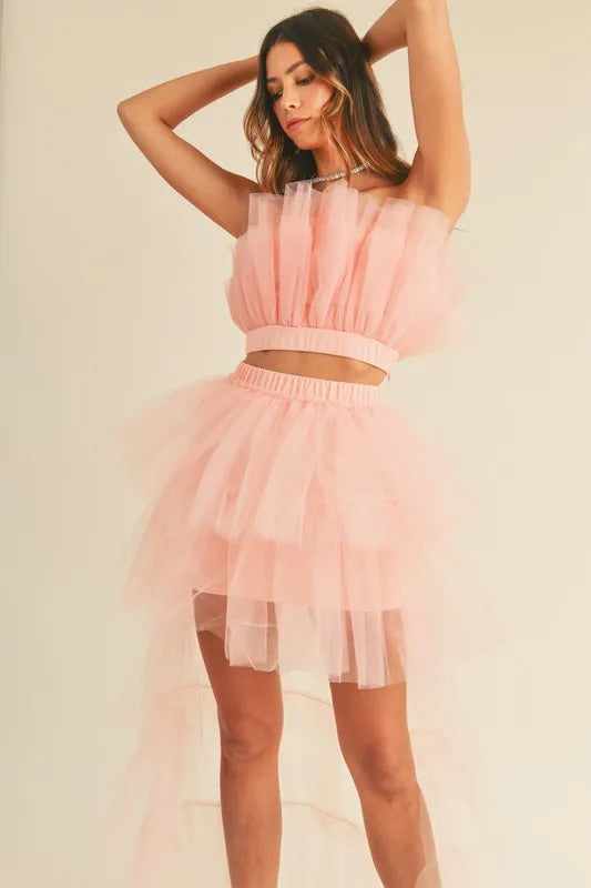 Image of MABLE Tulle Tube Ruffle Crop Top and High Low Maxi Skirt Set | Queeble.shop