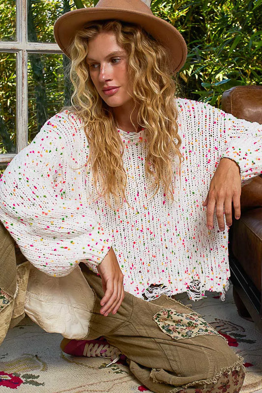 Image of POL Round Neck Fringed Hem Sweater | Queeble.shop