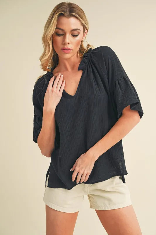 Image of Aemi + Co Side Slit Notched Ruffled Half Sleeve Blouse | Queeble.shop