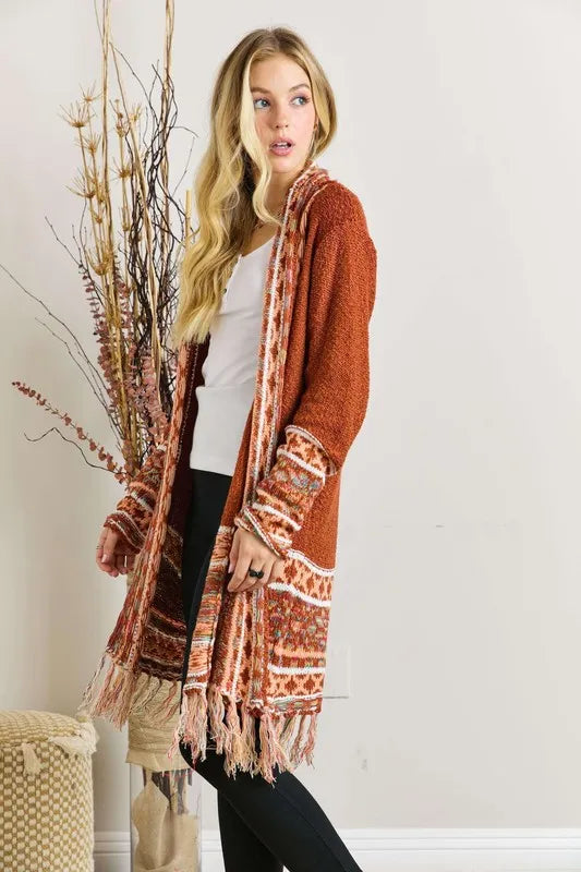 Image of ADORA Full Size Fringe Hem Aztec Border Cardigan Plus Size | Queeble.shop