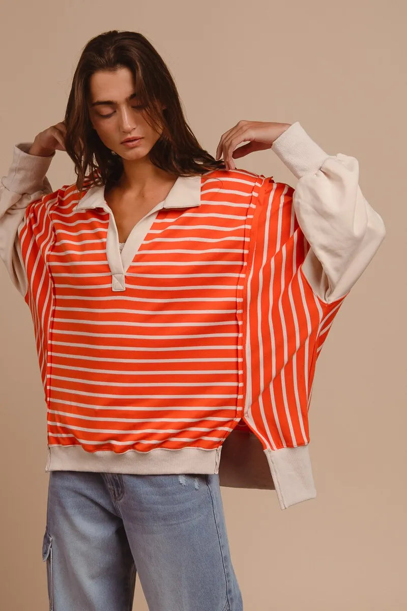 Image of BiBi Stripe Knit Loose Fit Top With Cut Edge Detail | Queeble.shop