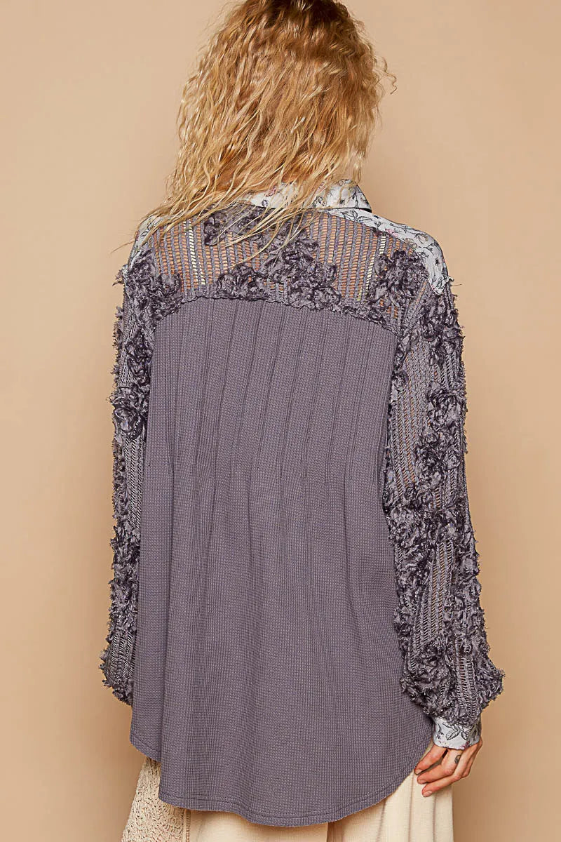 Image of POL Floral Half Button Lace Detail Long Sleeve Top | Queeble.shop