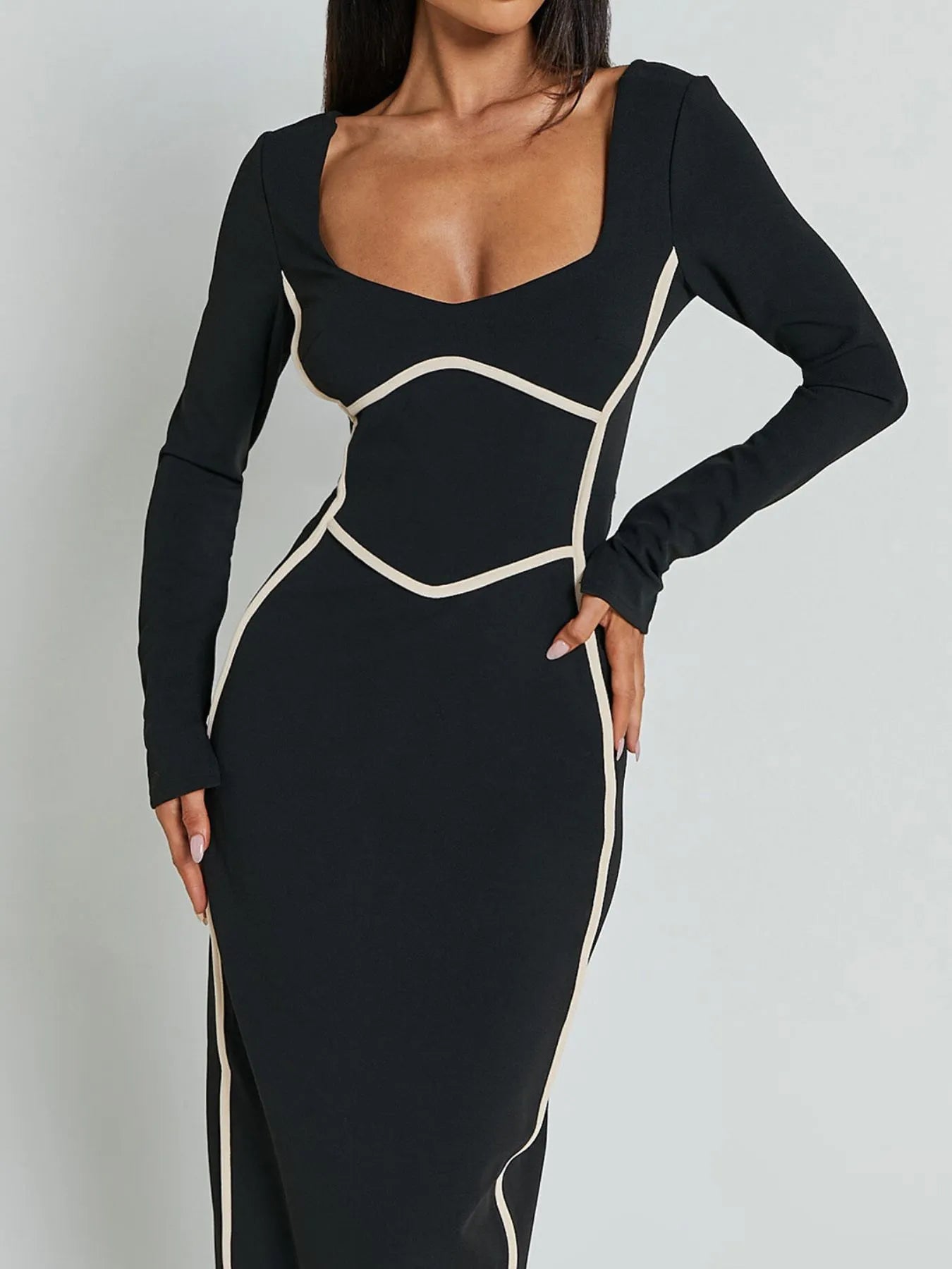 Image of Contrast Trim Long Sleeve Bodycon Maxi Dress | Queeble.shop