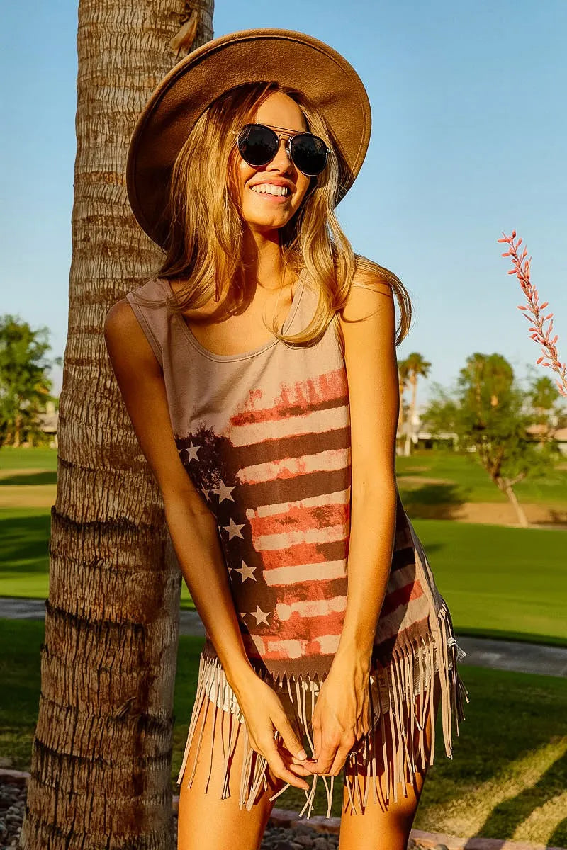 Image of BiBi American Flag Print Knit Sleeveless Top | Queeble.shop