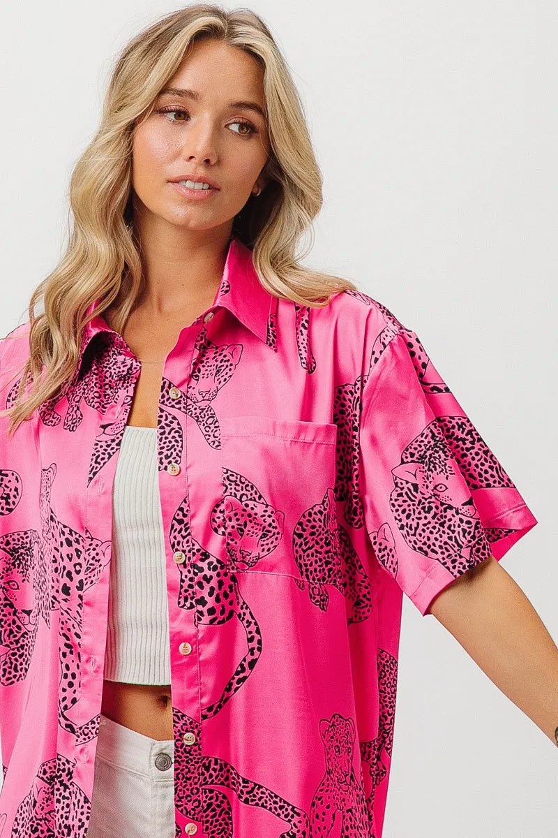 Image of BiBi Leopard Print Short Sleeve Silky Satin Shirt Top | Queeble.shop
