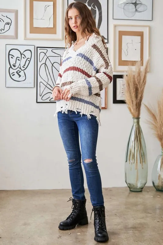 Image of ADORA Frayed Edge Stripe Sweater | Queeble.shop
