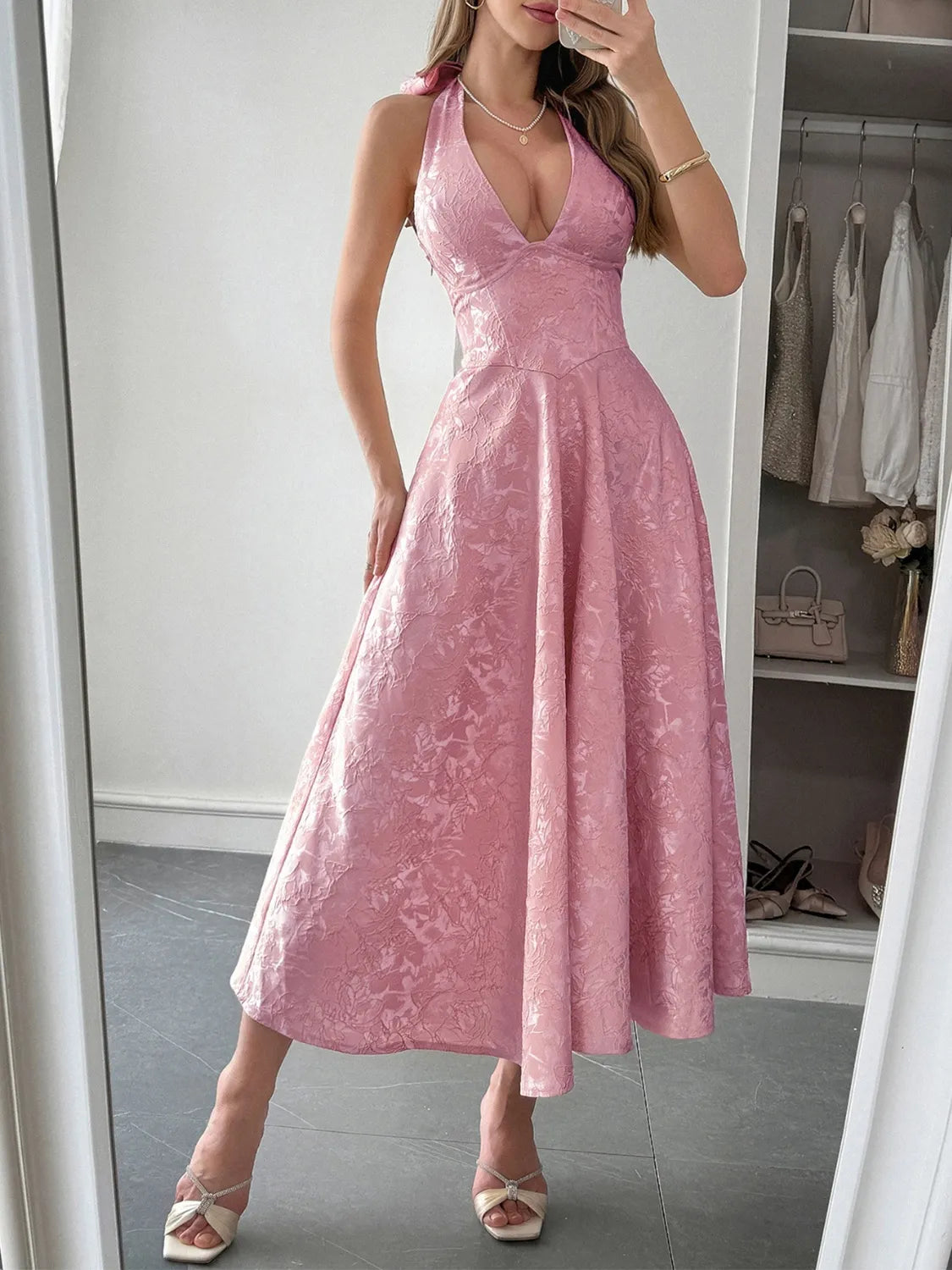 Image of Halter Neck Midi Dress with Pockets | Queeble.shop