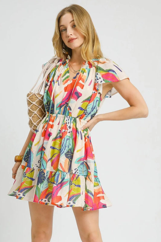Image of Umgee Printed Tie Neck Ruffled Hem Dress | Queeble.shop