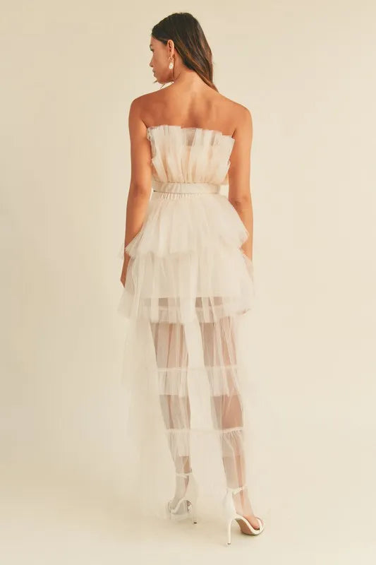 Image of MABLE Tulle Tube Ruffle Crop Top and High Low Maxi Skirt Set | Queeble.shop
