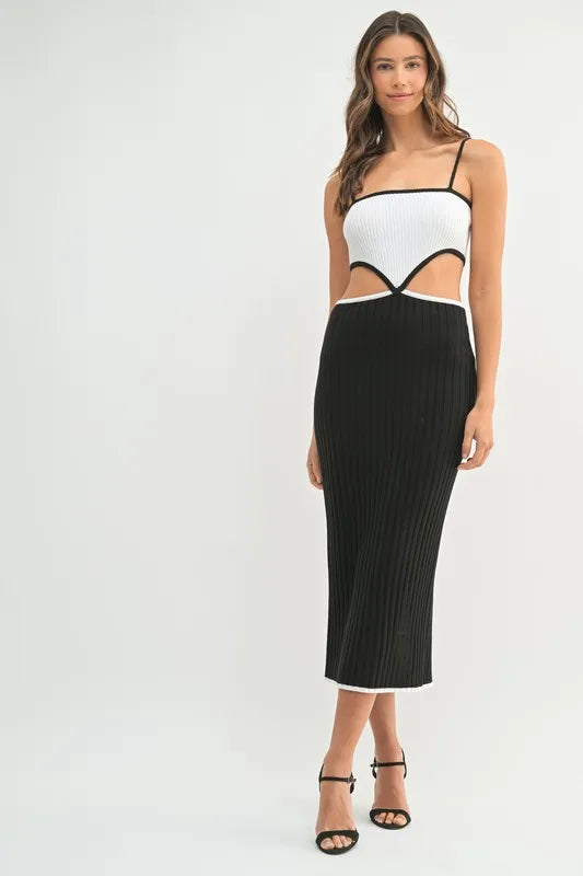 Image of MABLE Ribbed Knit Color Block Cutout Midi Dress | Queeble.shop