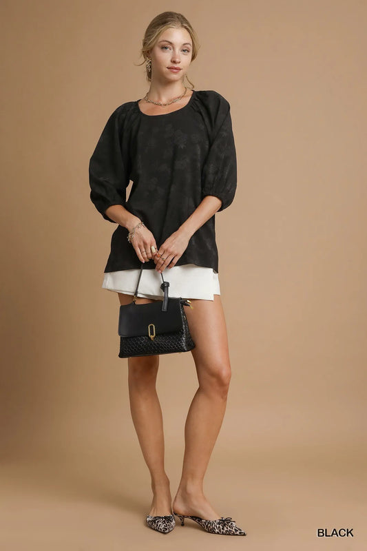 Image of Umgee Satin Jacquard Balloon Sleeve Blouse | Queeble.shop