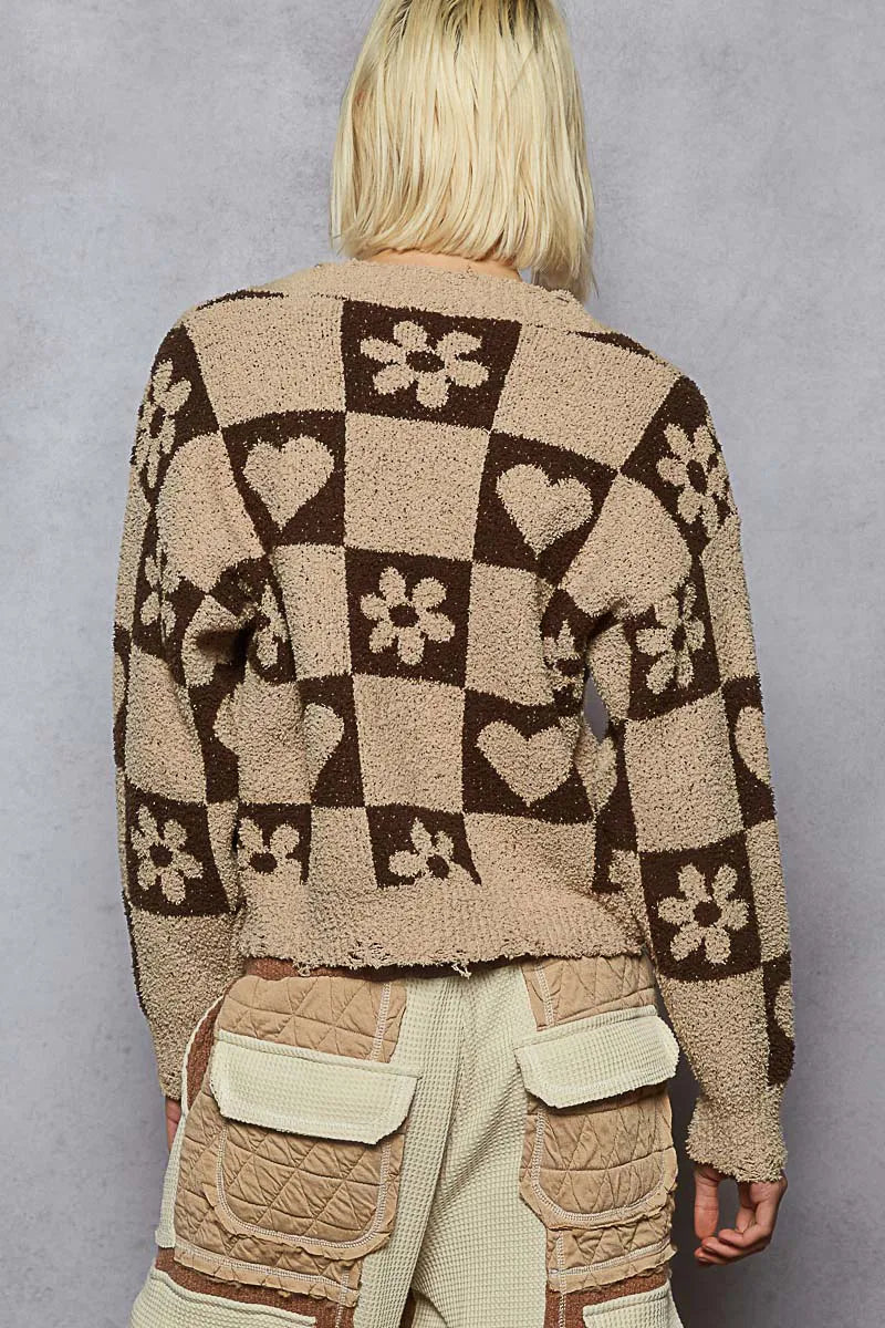 Image of POL V-Neck Heart Pattern Checkered Sweater | Queeble.shop