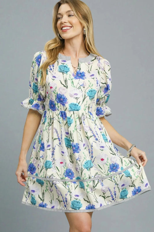 Image of Umgee BabyDoll Floral Striped Hem Mini Dress | Queeble.shop