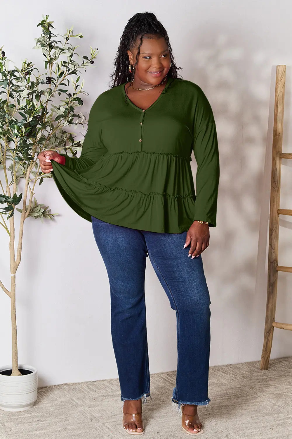 Image of Double Take Half Button Long Sleeve Ruffle Hem Blouse | Queeble.shop