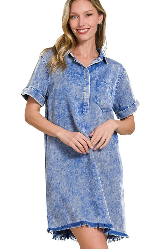 Image of Zenana Tencel Mineral Washed Collared Shirts Dress | Queeble.shop