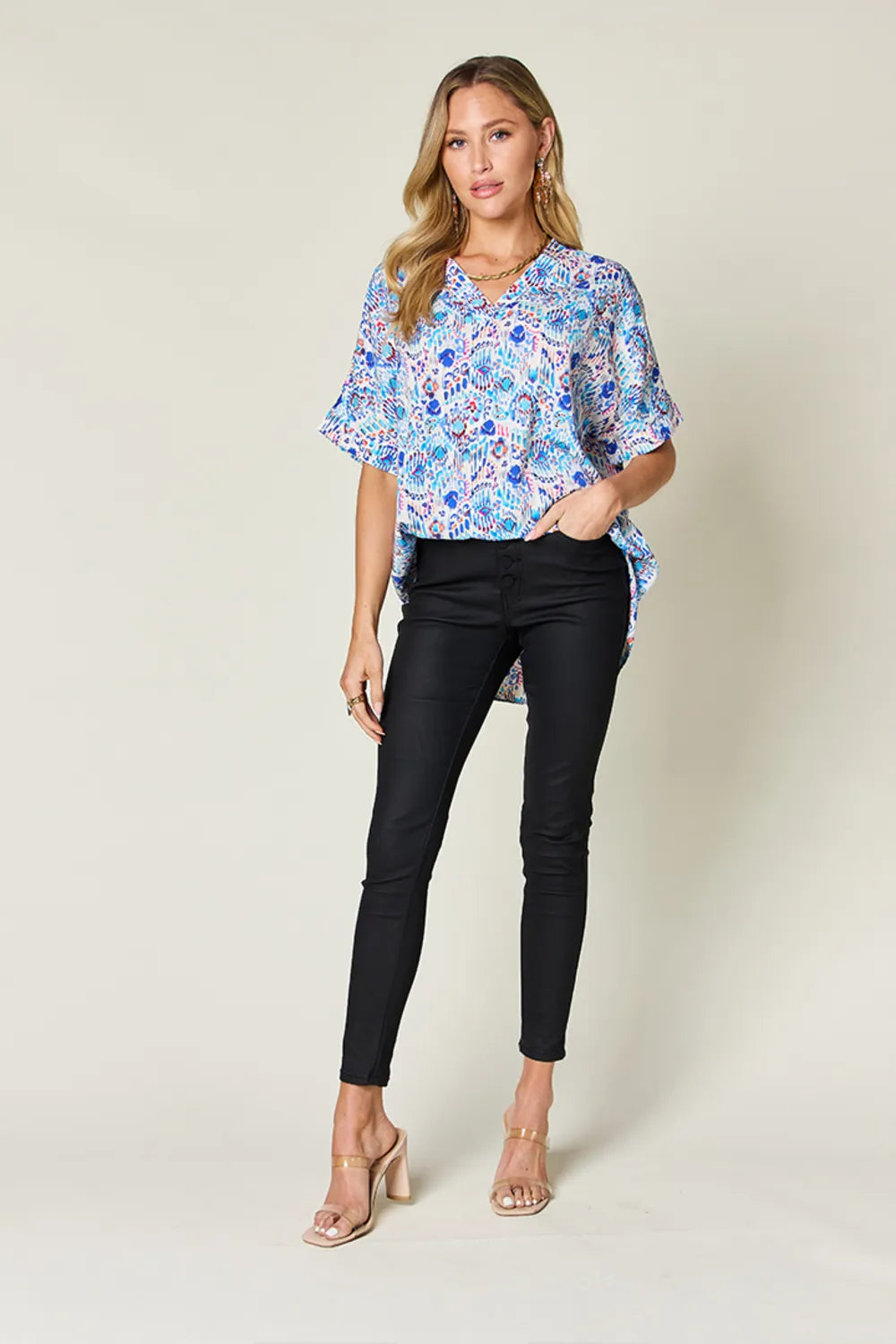 Image of Double Take Full Size Printed V-Neck Short Sleeve Blouse | Queeble.shop