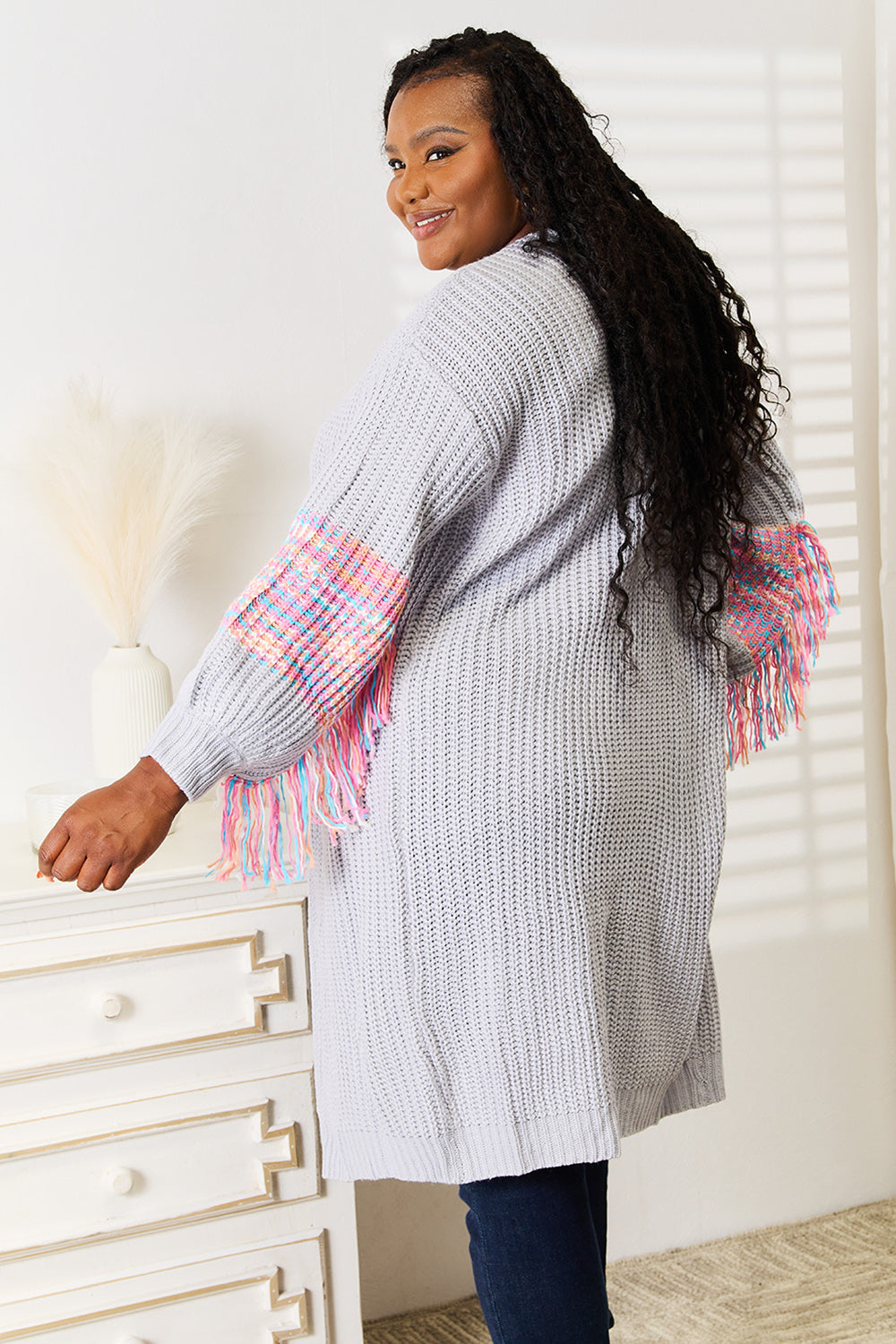 Image of Woven Right Fringe Sleeve Dropped Shoulder Cardigan | Queeble.shop