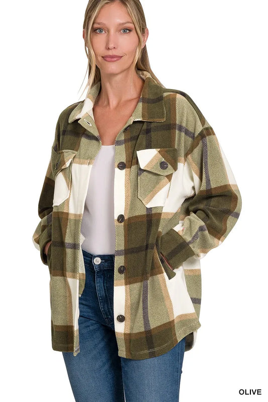 Image of Zenana Oversized Plaid Fleece Shacket | Queeble.shop