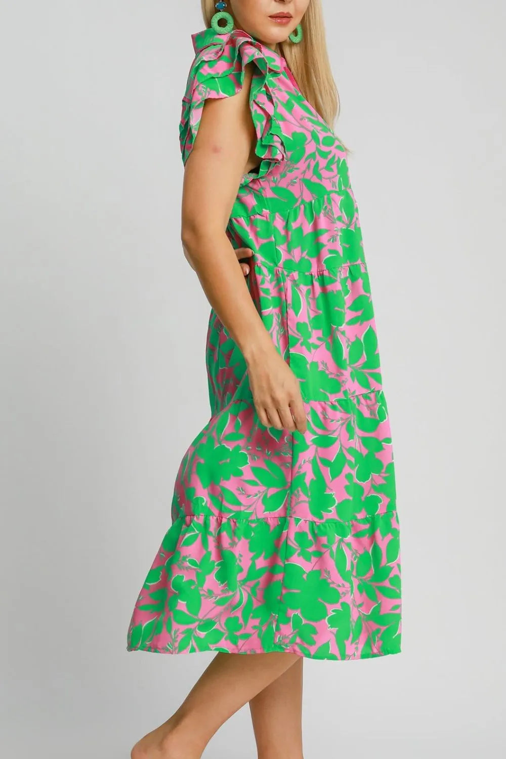 Image of Umgee Full Size Floral Collared Ruffle Cap Sleeve Midi Dress Plus Size | Queeble.shop