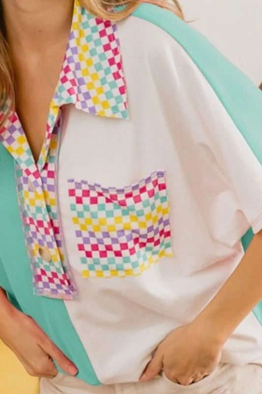 Image of BiBi Color Block Knit with Multi Checker Contrast Top | Queeble.shop