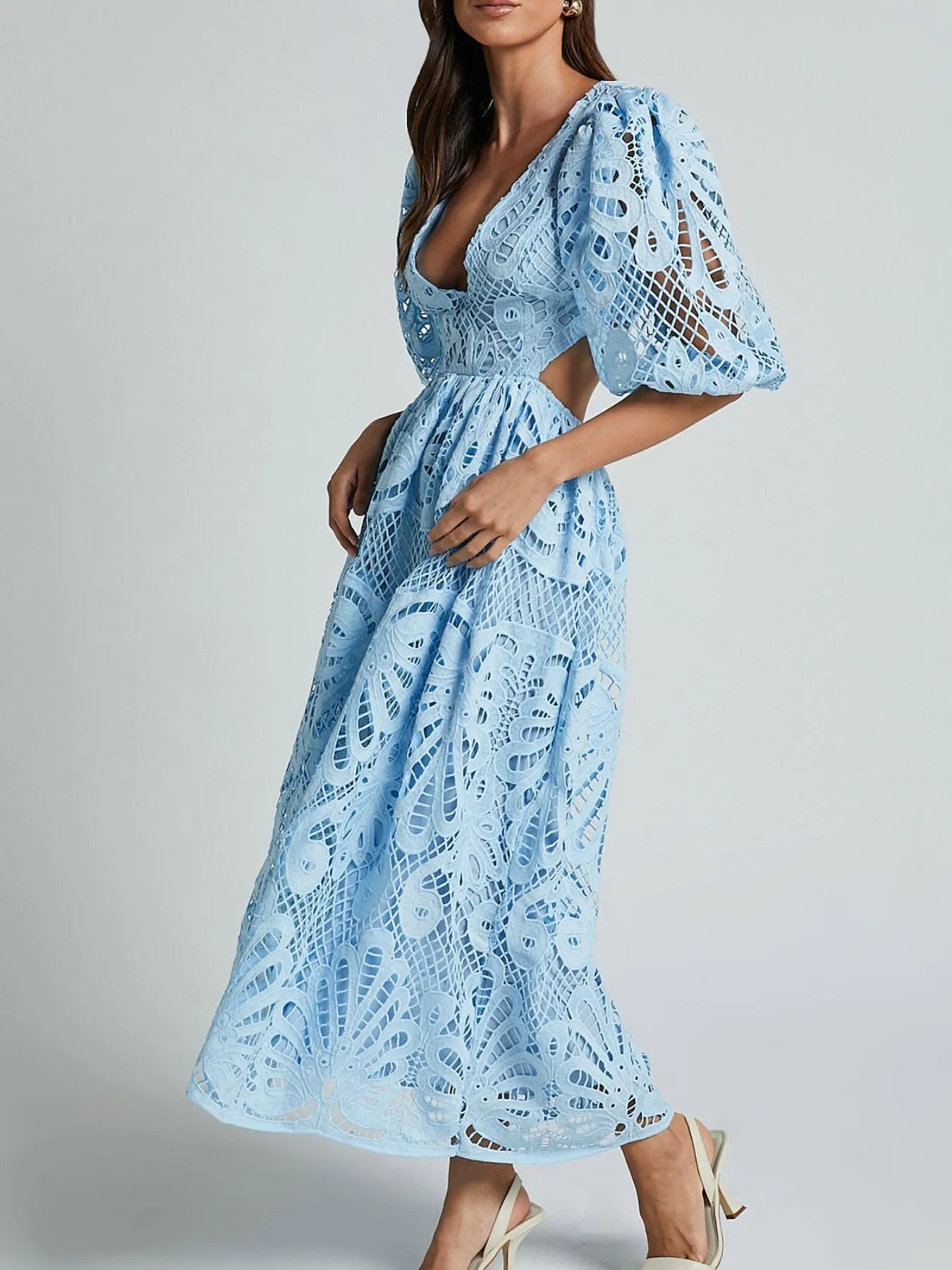 Image of Cutout Back Lace Crochet V-Neck Dress | Queeble.shop