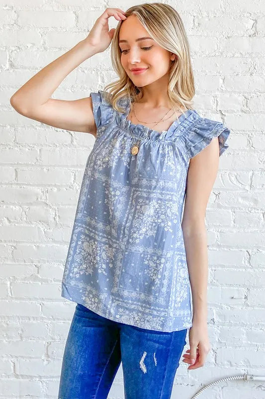 Image of And The Why Boho Print Ruffle Baby Doll Tank Top | Queeble.shop