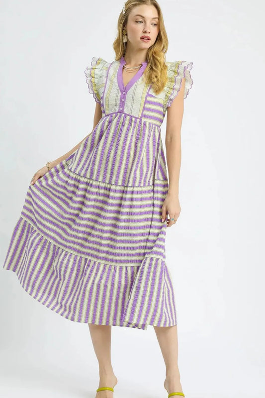 Image of Umgee Striped Ruffle Cap Sleeve Midi Dress | Queeble.shop