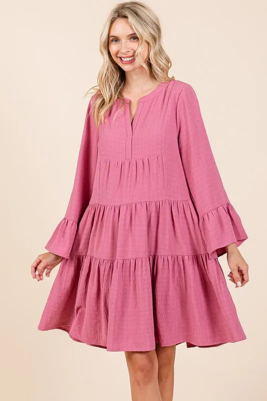 Image of Mittoshop Tiered Notched Flare Sleeve Dress | Queeble.shop