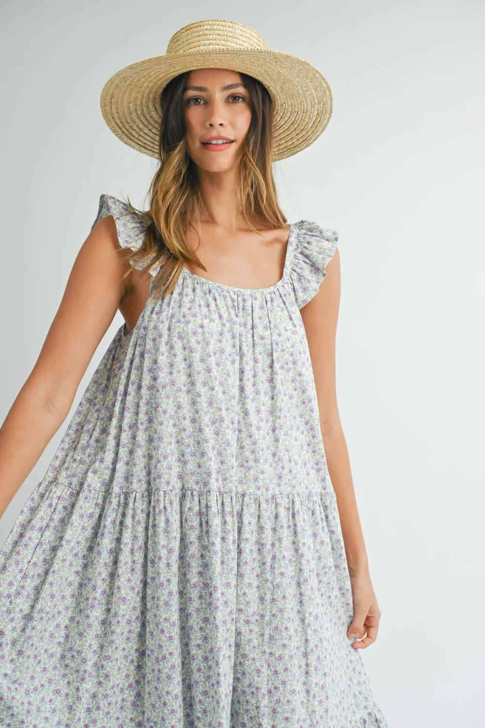 Image of MABLE Floral Ruffle Shoulder Tiered Midi Dress | Queeble.shop
