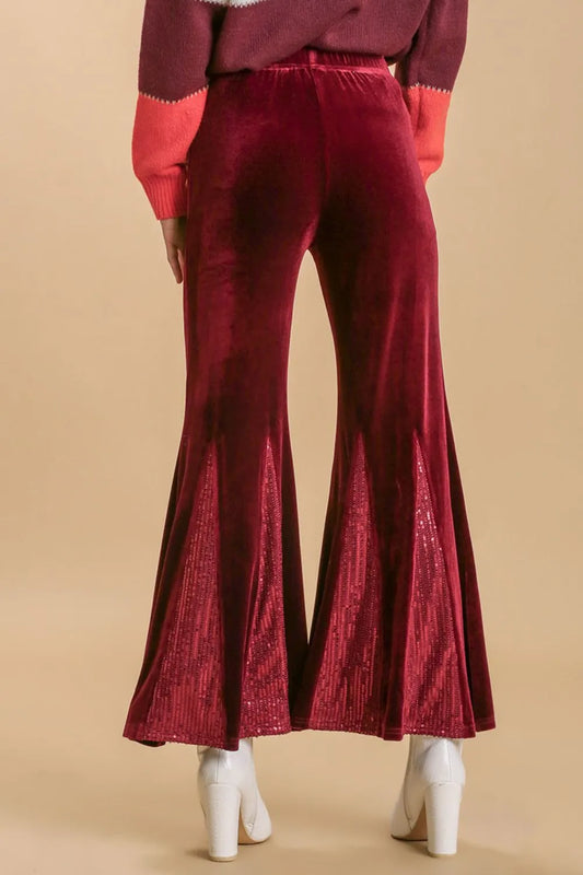 Image of Umgee Full Size Sequin Elastic Waist Velvet Stretch Flare Leg Pants Plus Size | Queeble.shop