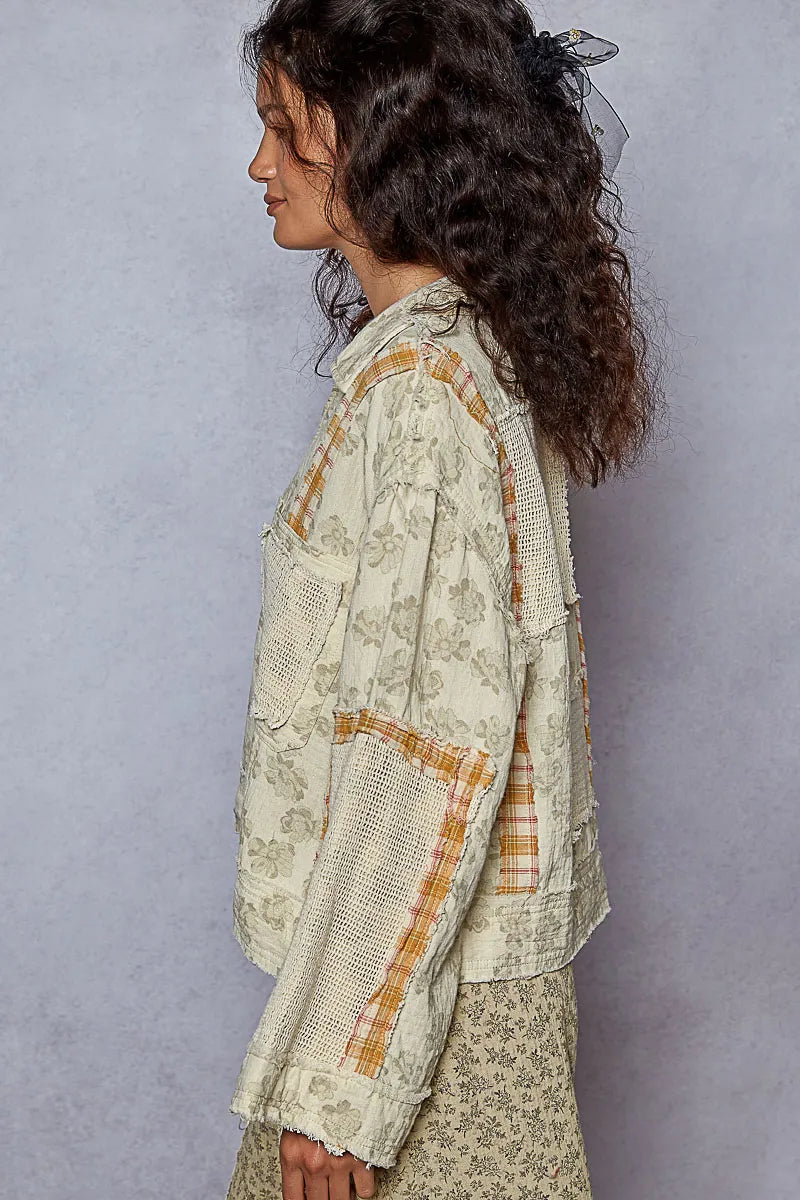 Image of POL Raw Hem Zip Up Floral Jacket with Plaid and Crochet Patch | Queeble.shop