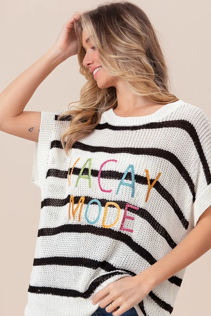 Image of BiBi Vacay Mode Lettering Drop Shoulder Striped Sweater | Queeble.shop