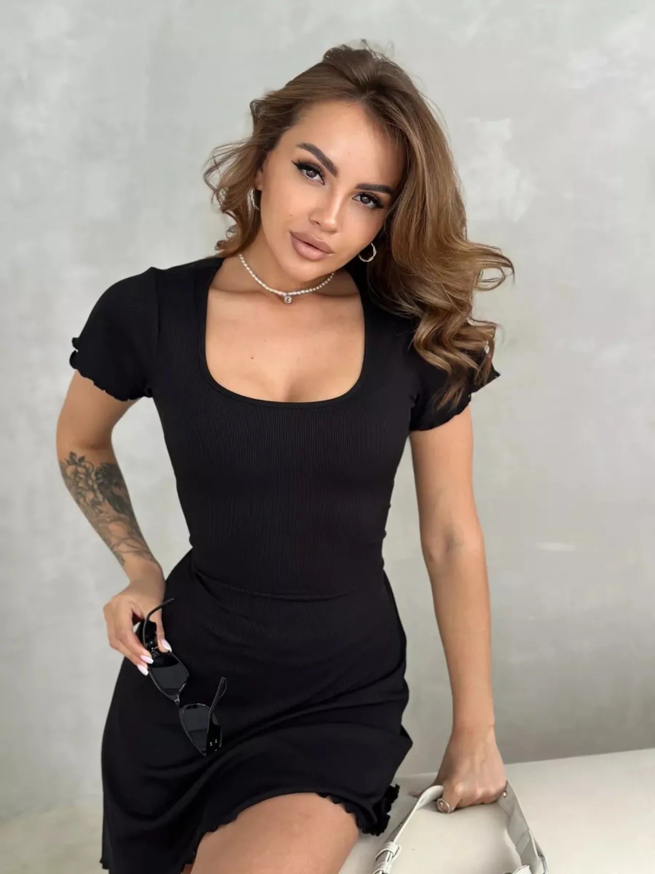 Image of Ribbed Back Lace Up Short Sleeve Mini Dress | Queeble.shop