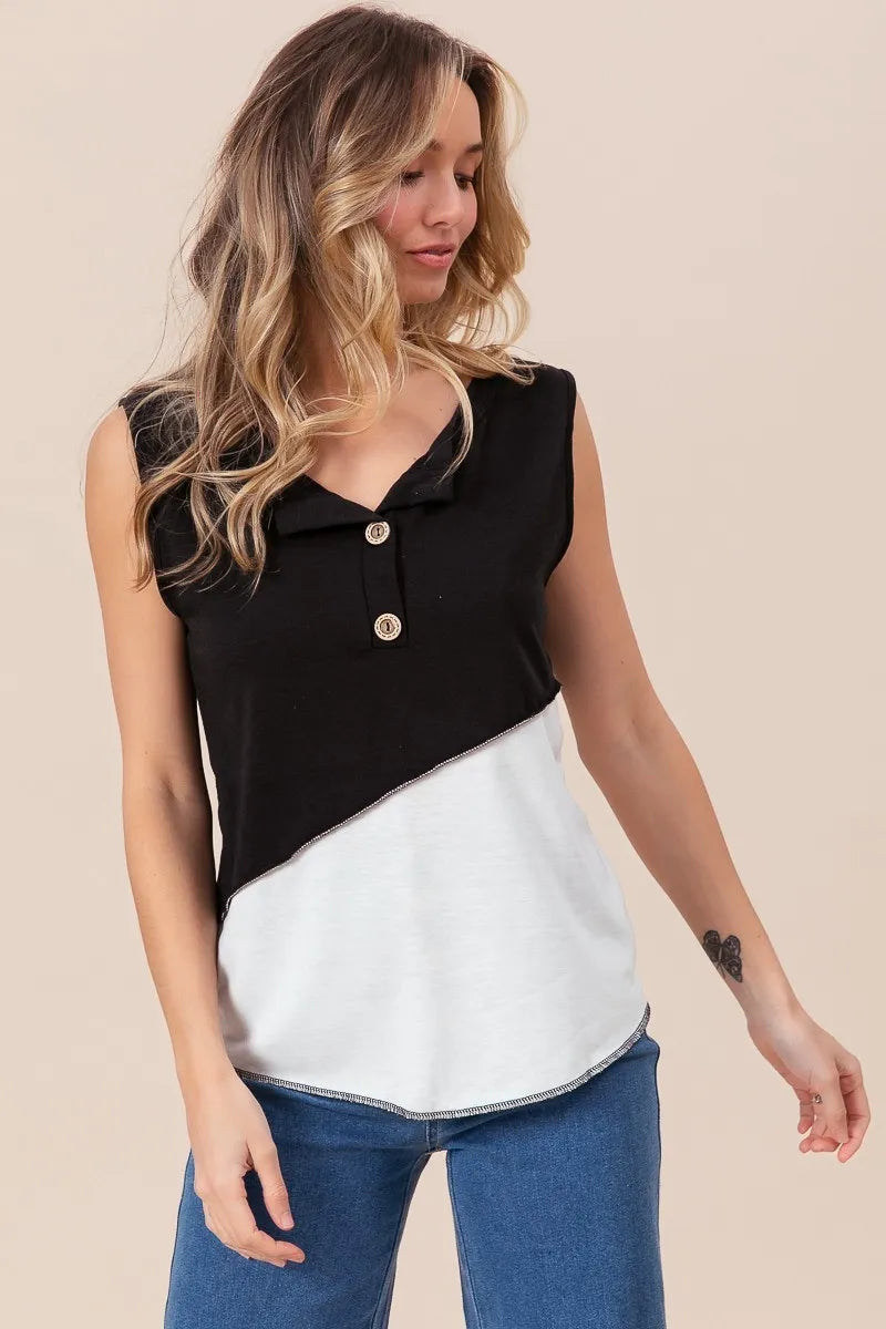 Image of BiBi Color Block Contrast Stitching Buttoned Henley Top | Queeble.shop