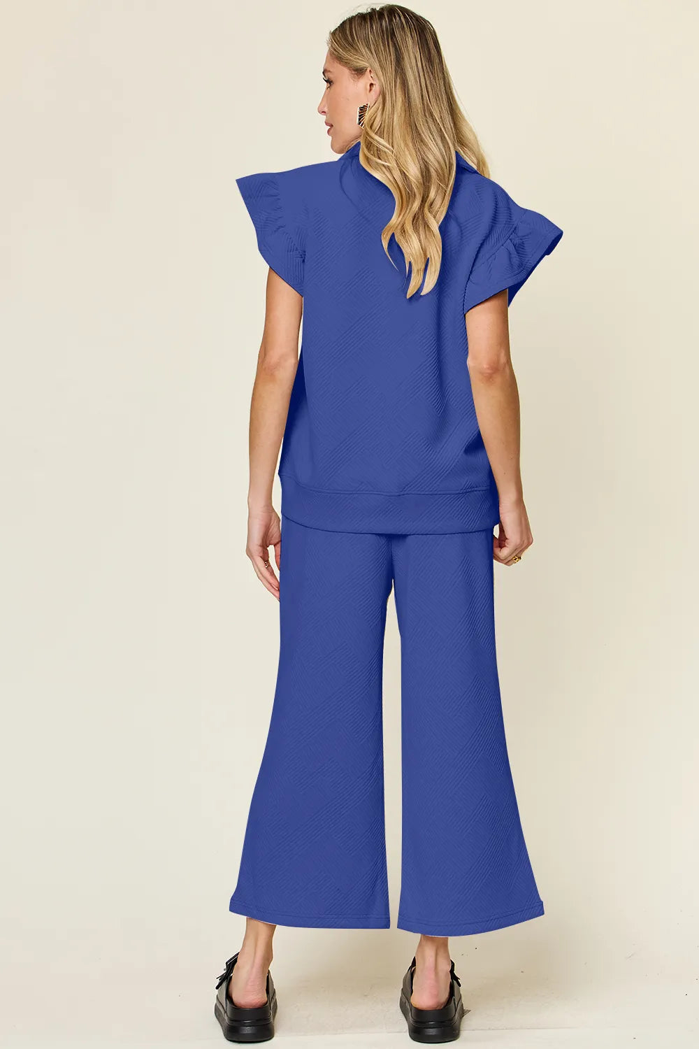 Image of Double Take Texture Ruffle Short Sleeve Top and Drawstring Wide Leg Pants Set | Queeble.shop
