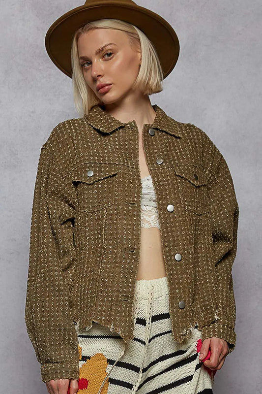 Image of POL Raw Hem Button Up Jacket with Chest Pockets | Queeble.shop