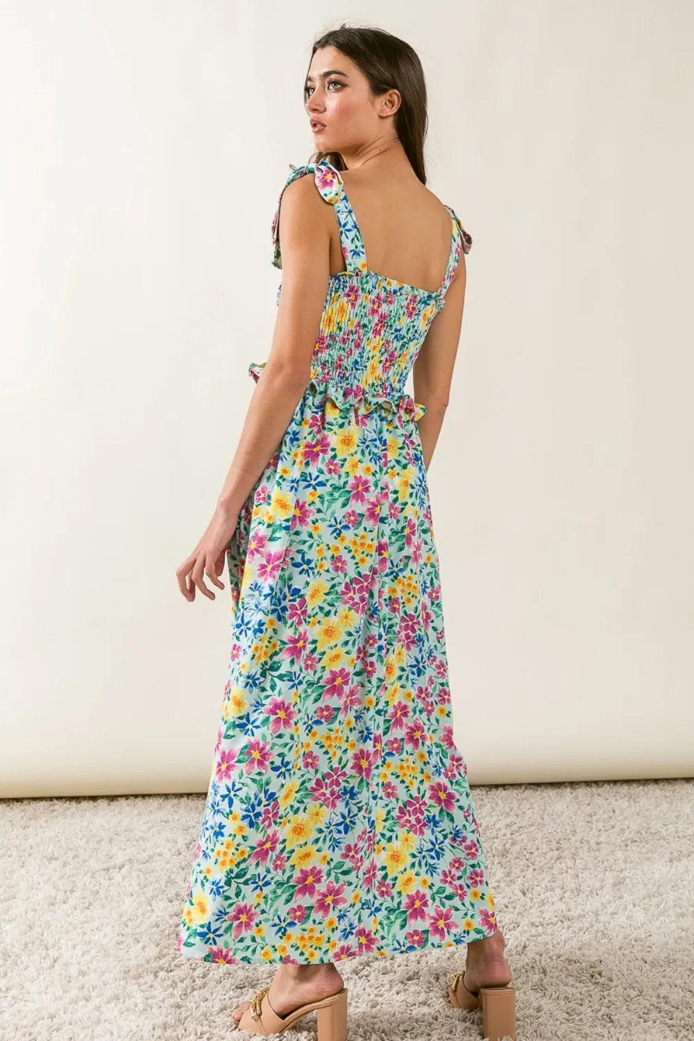 Image of BiBi Floral Ruffle Trim Smocked Cami Dress | Queeble.shop