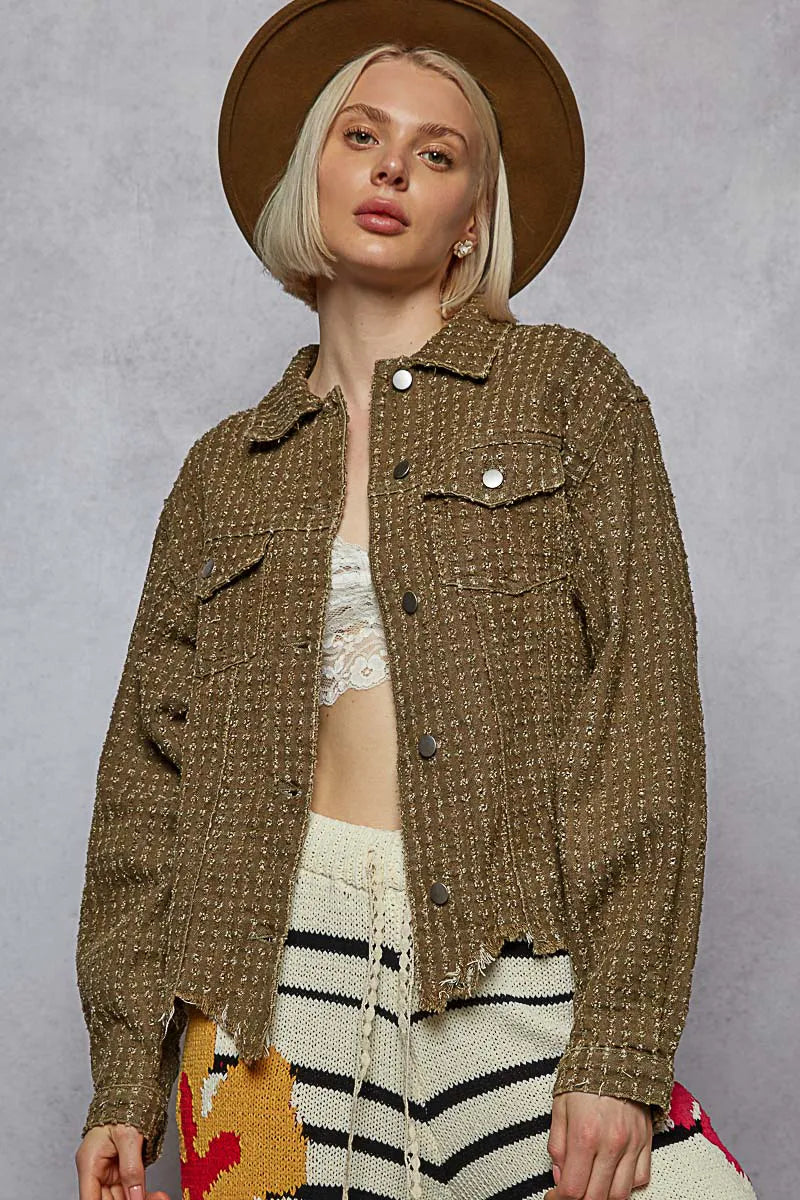 Image of POL Raw Hem Button Up Jacket with Chest Pockets | Queeble.shop