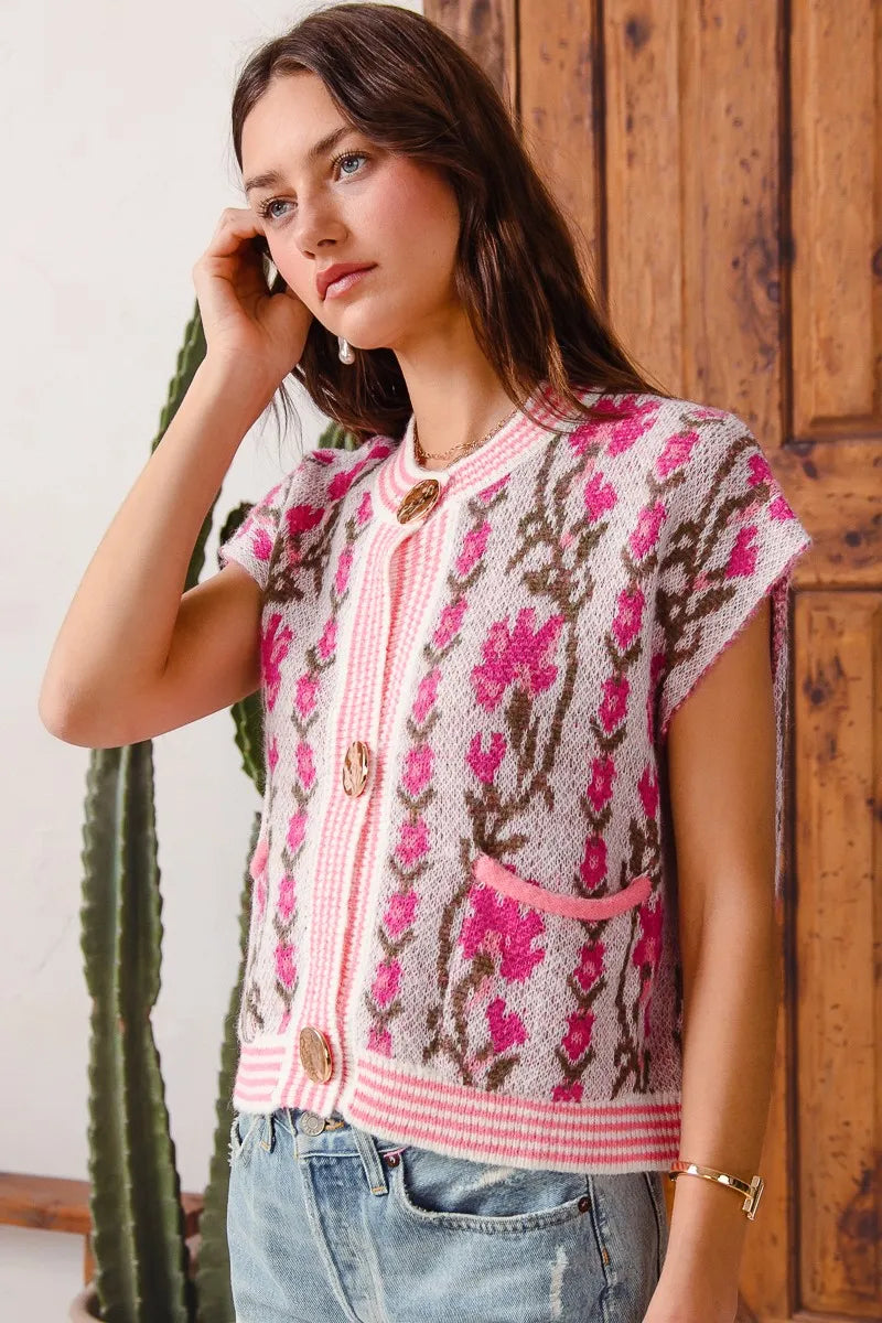 Image of SO ME Button Front Floral and Stripe Knitted Sweater Vest | Queeble.shop