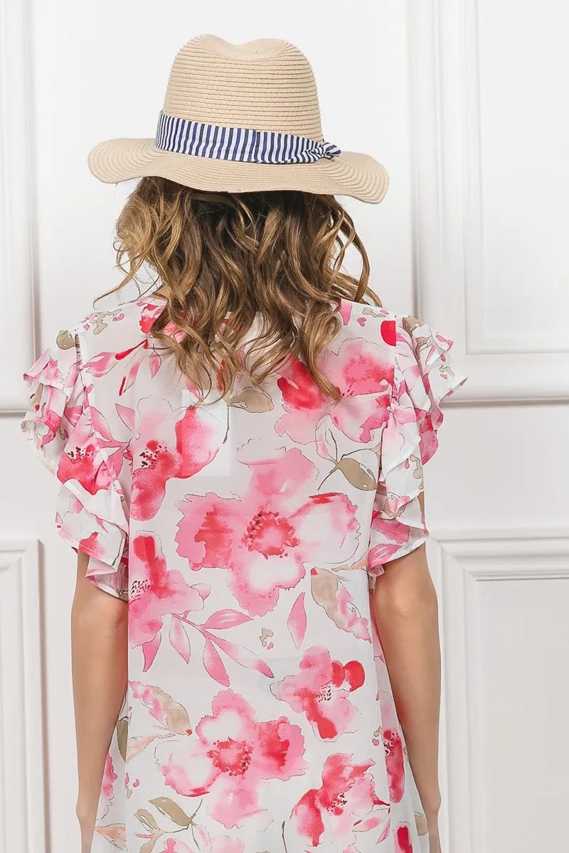 Image of BiBi Floral Print Flutter Sheer Top | Queeble.shop
