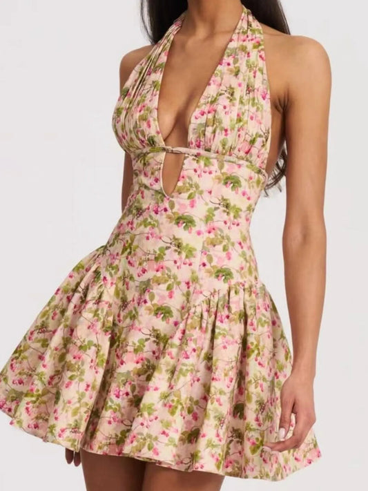 Image of Floral Halter Neck Mini Dress | Queeble.shop