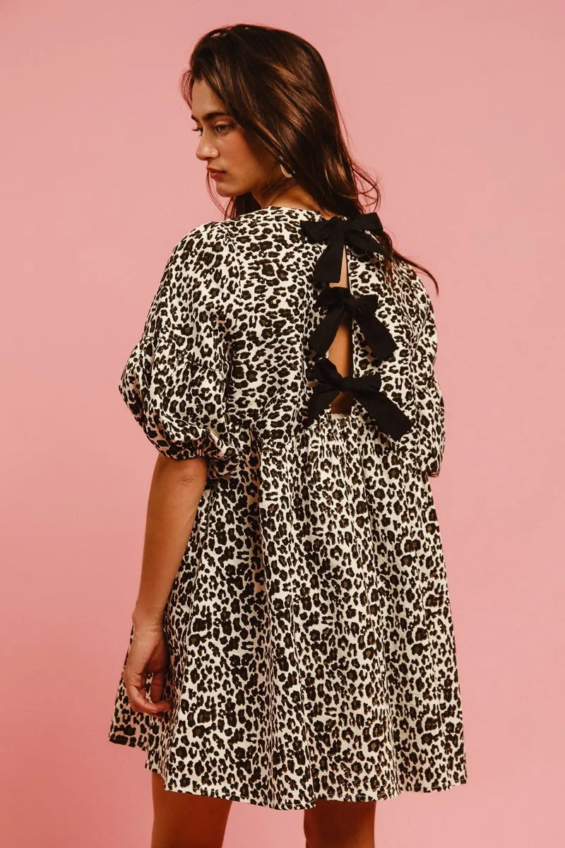 Image of BiBi Leopard Denim Dress With Back Contrast Tie Detail | Queeble.shop