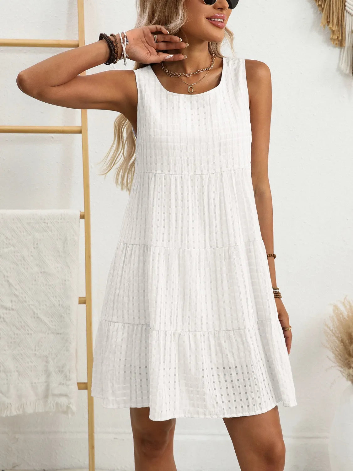 Image of Plaid Round Neck Sleeveless Mini Dress | Queeble.shop